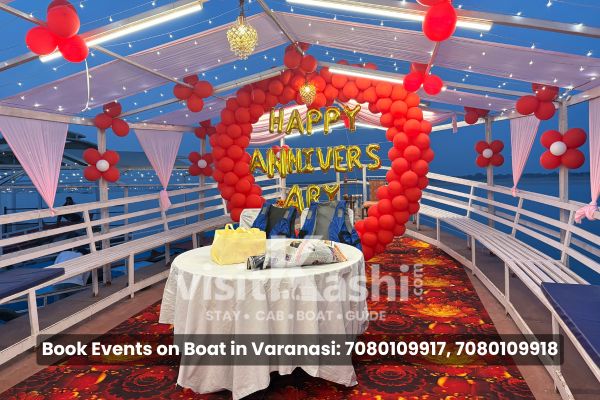 Anniversary event on boat in Varanasi with Happy Anniversary balloon decoration – Varanasi Boat Events