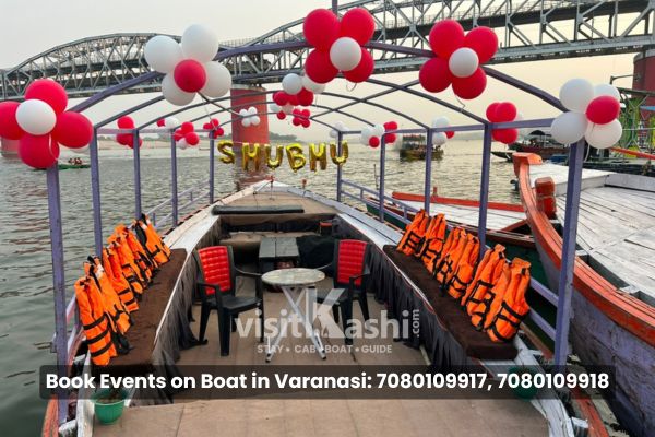 Birthday event on boat in Varanasi with name and balloon decoration – Varanasi Boat Events