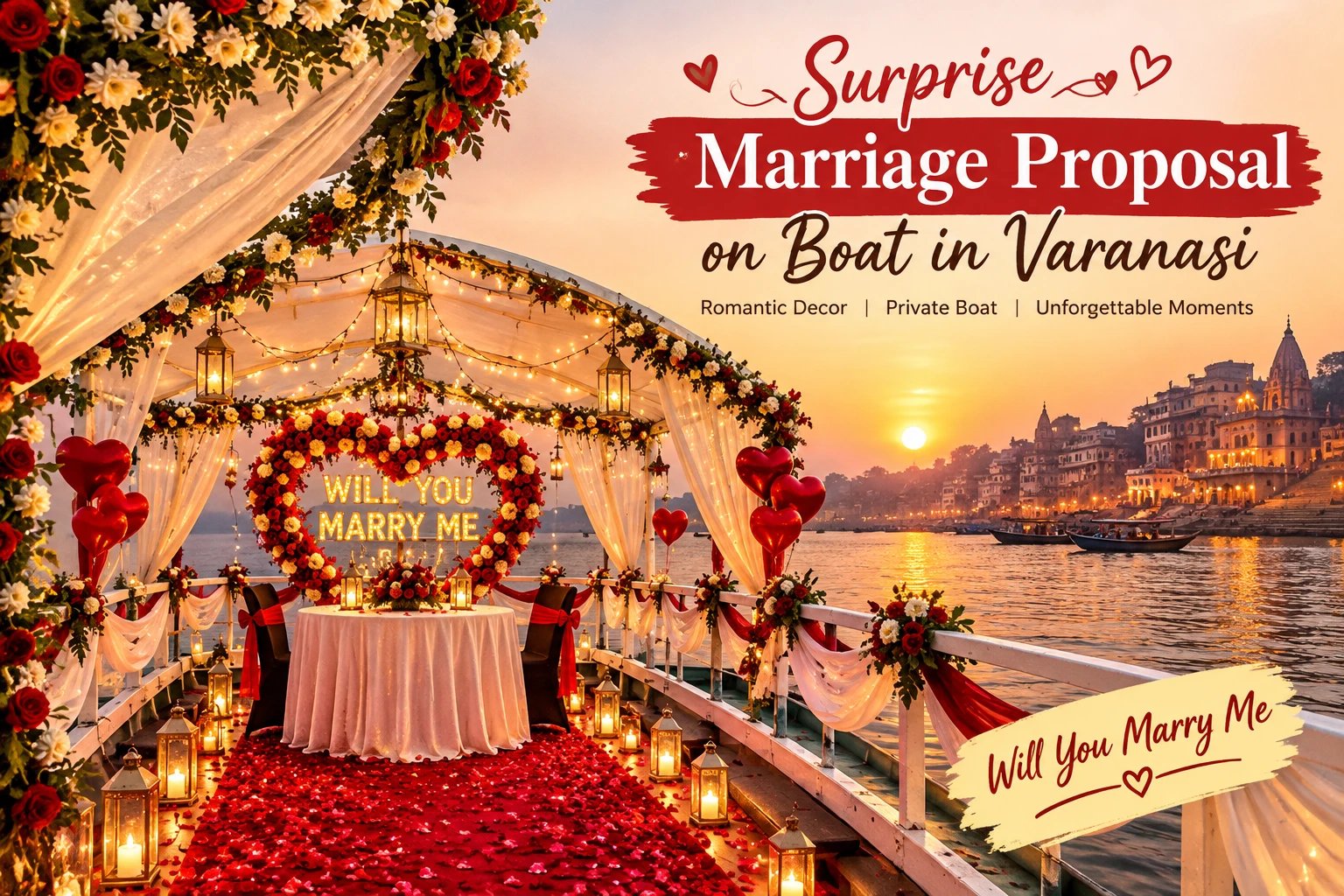 Will You Marry Me proposal decoration on private boat in Varanasi