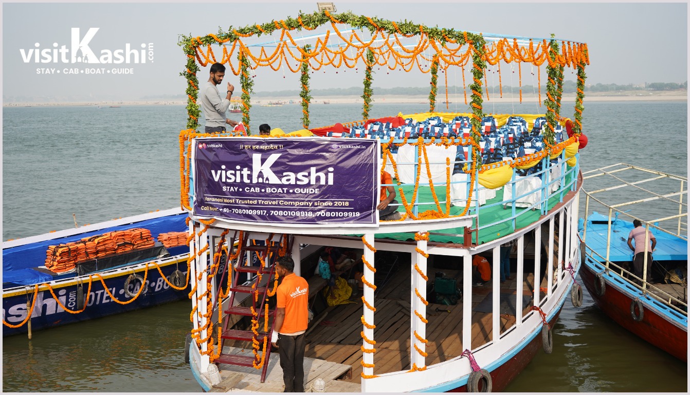 Decorated Bajra boat with boarding steps on the Ganges in Varanasi