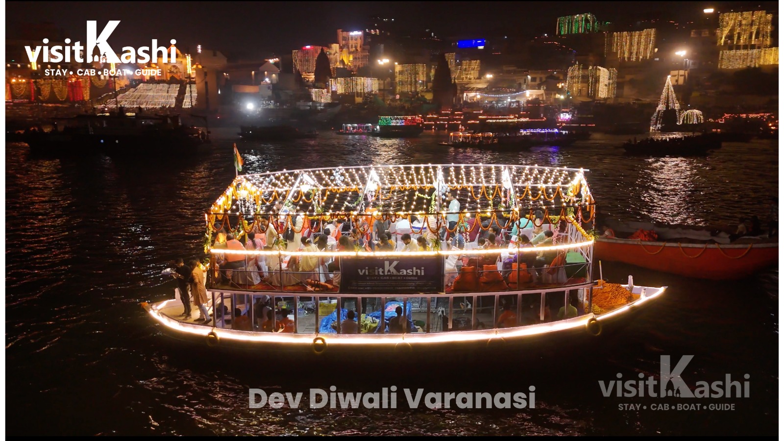 Illuminated Dev Diwali boat on the Ganges