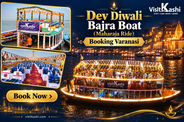Dev Diwali Bajra Boat Maharaja Ride booking in Varanasi, showing decorated boats and deck seating